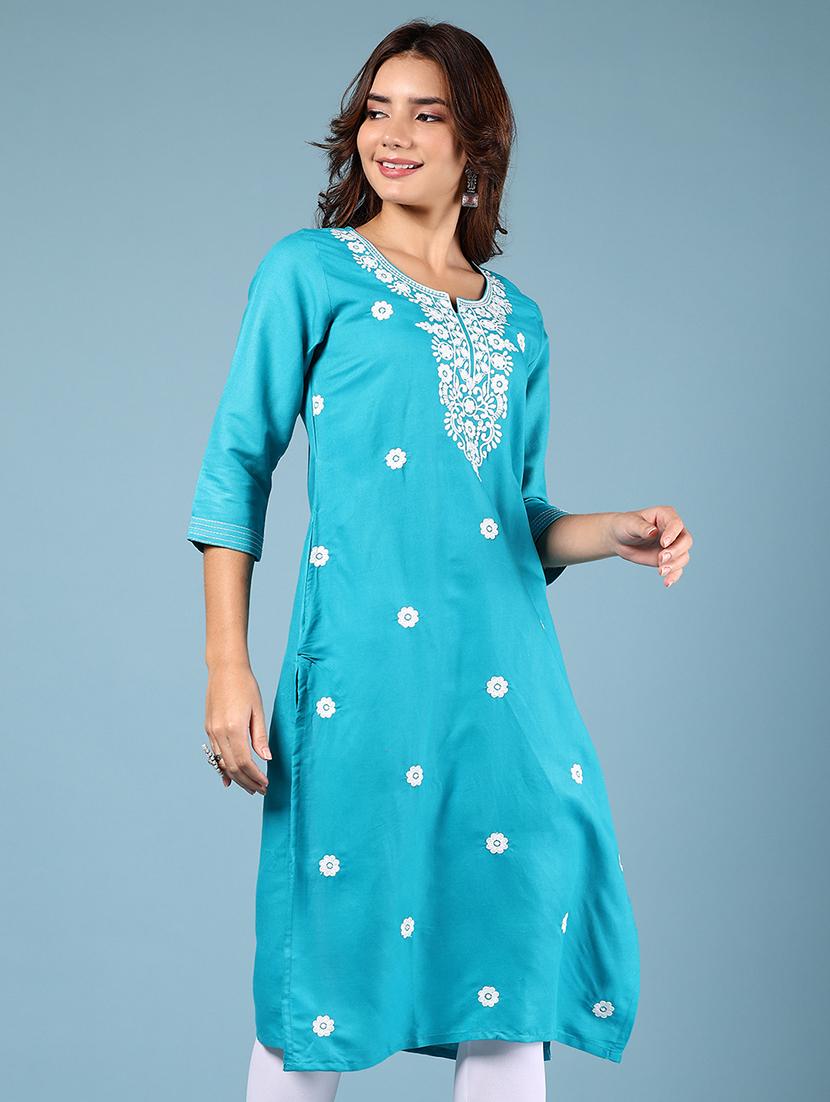 women blue three quarter sleeve straight kurta - 21784475 -  Standard Image - 1