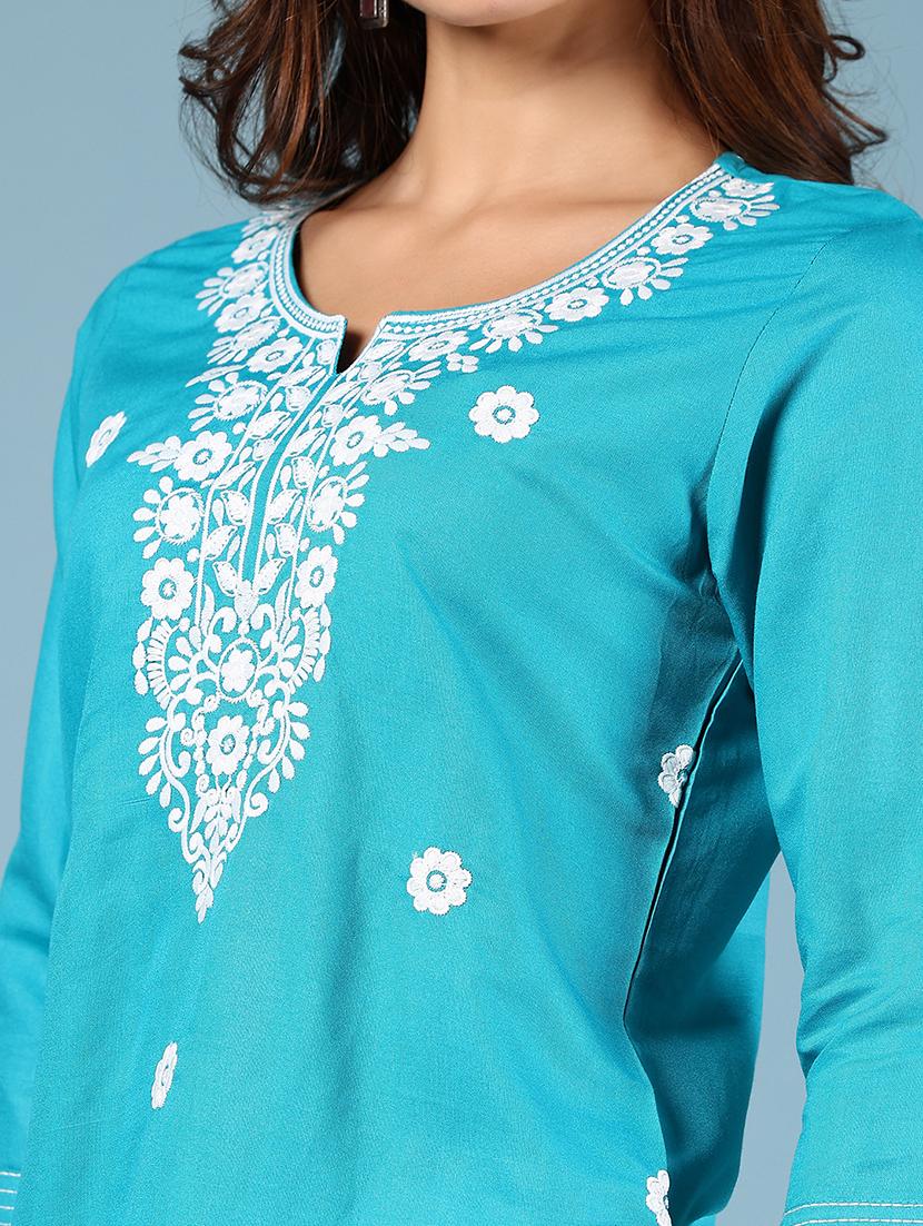 women blue three quarter sleeve straight kurta - 21784475 - Standard Image - 4