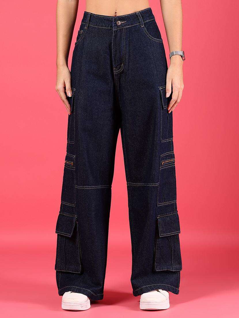 women solid high rise baggy denim cargo - 21784537 -  Standard Image - 1