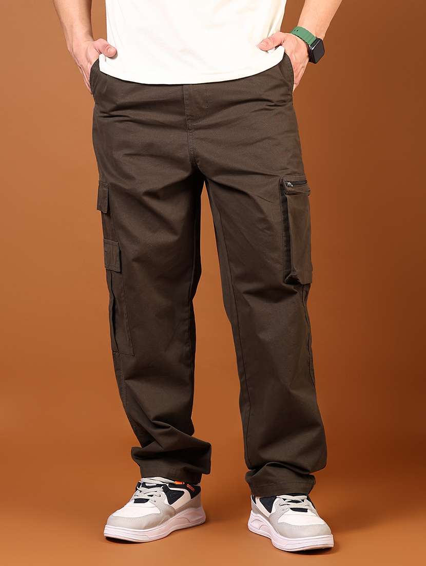 men olive solid high rise cargo - 21784544 -  Standard Image - 1