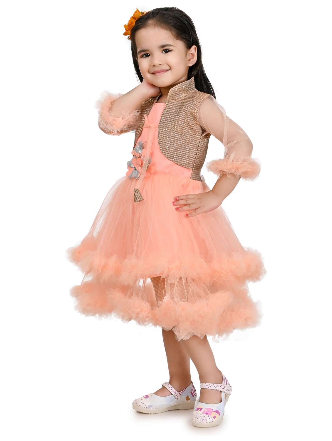 girls peach three quarter sleeve frock - 21784743 -  Standard Image - 1