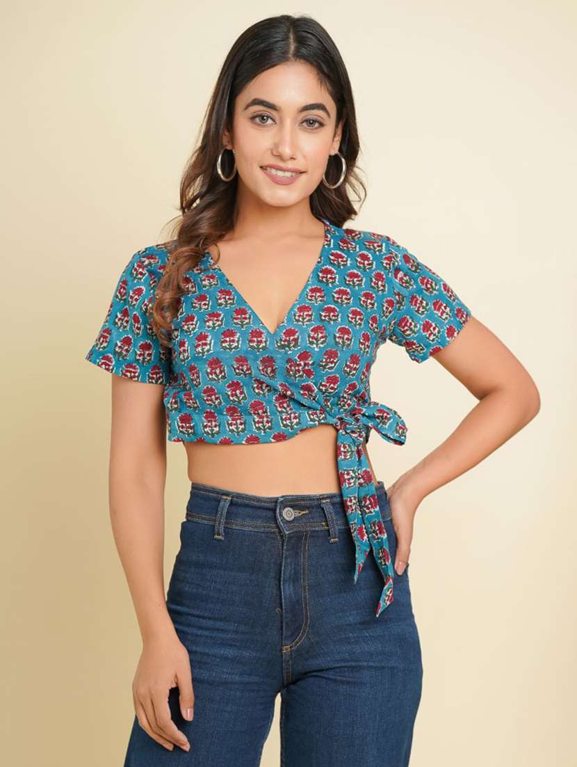 women printed short sleeves crop wrap top - 21784870 - Zoom Image - 0