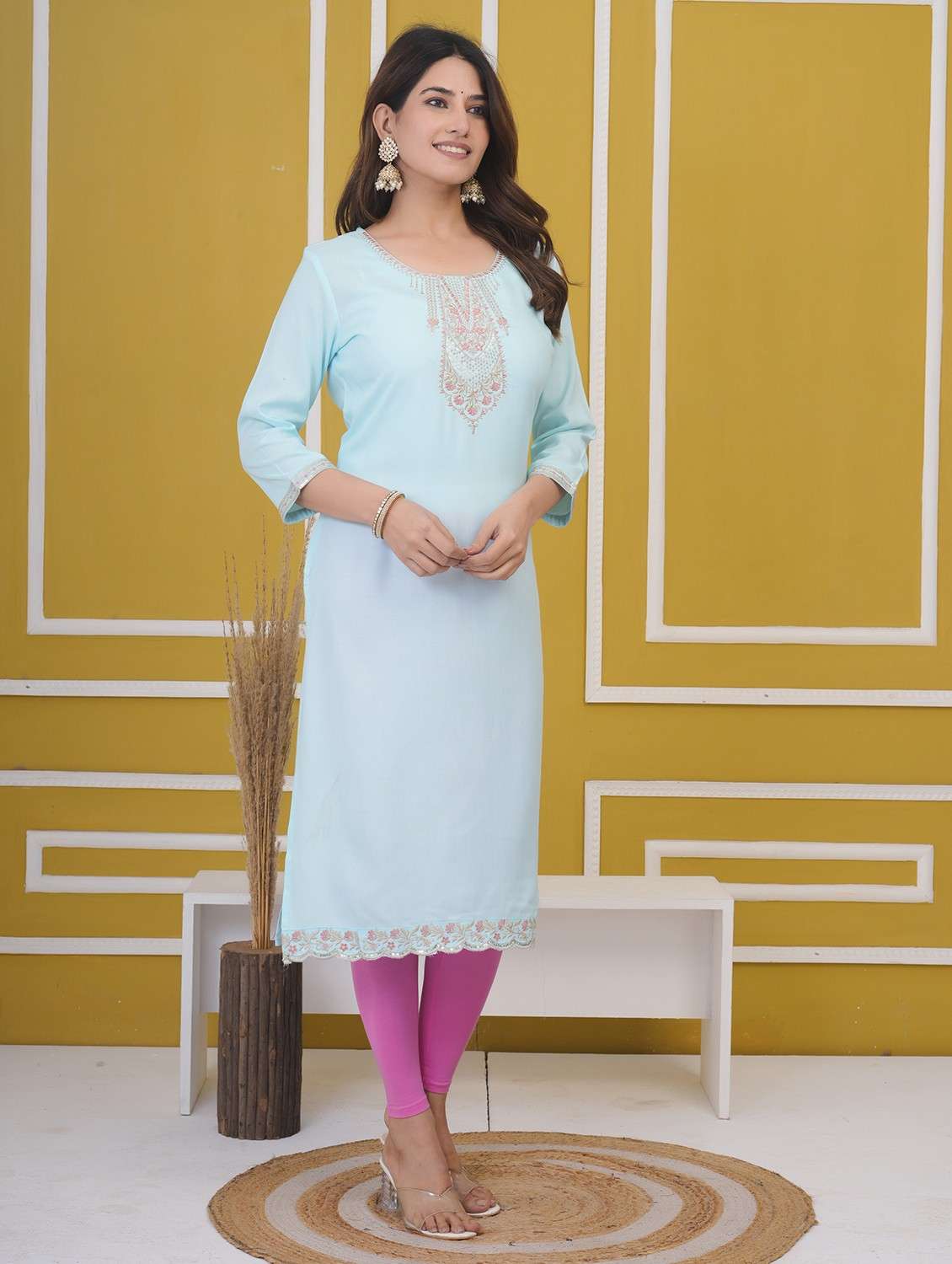 women embroidered three quarter sleeve straight kurta - 21785119 -  Standard Image - 1