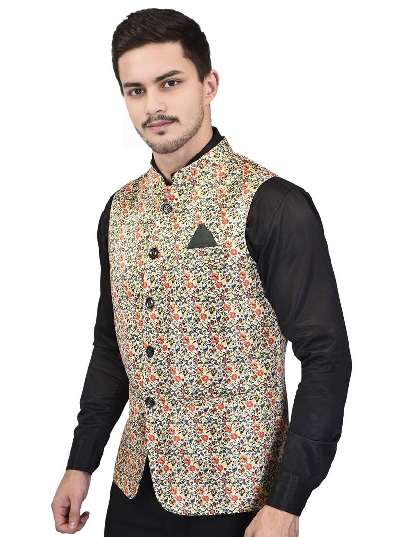 men printed mandarin neck sleeveless nehru jacket - 21785246 -  Standard Image - 1