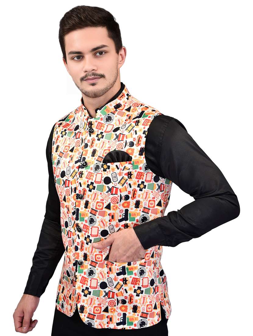 men printed mandarin neck sleeveless nehru jacket - 21785249 -  Standard Image - 1