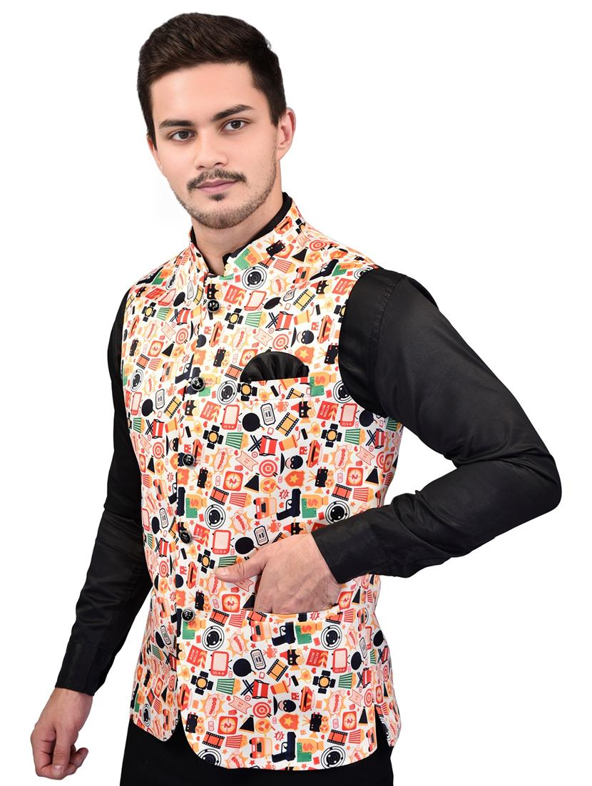 men printed mandarin neck sleeveless nehru jacket - 21785282 - Standard Image - 1