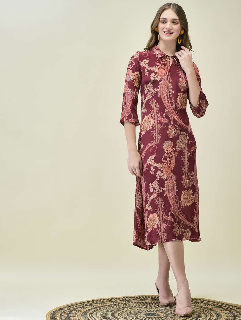 women burgundy paisley printed a-line ethnic dress - 21785471 -  Standard Image - 1