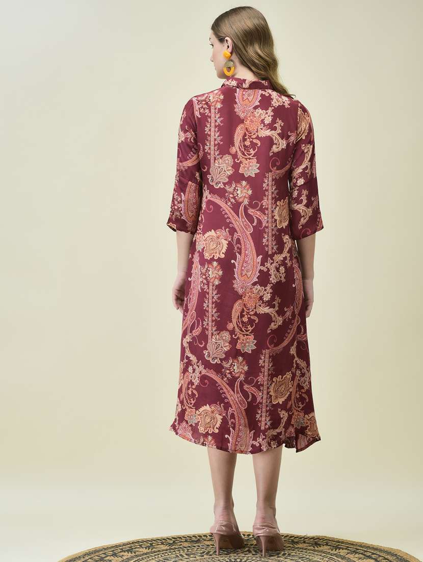 women burgundy paisley printed a-line ethnic dress - 21785471 -  Standard Image - 4