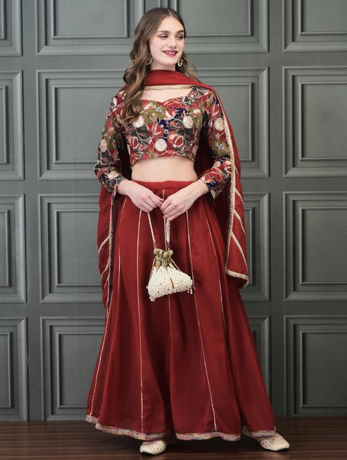 women maroon printed flared stitched lehenga - 21785493 - Standard Image - 0