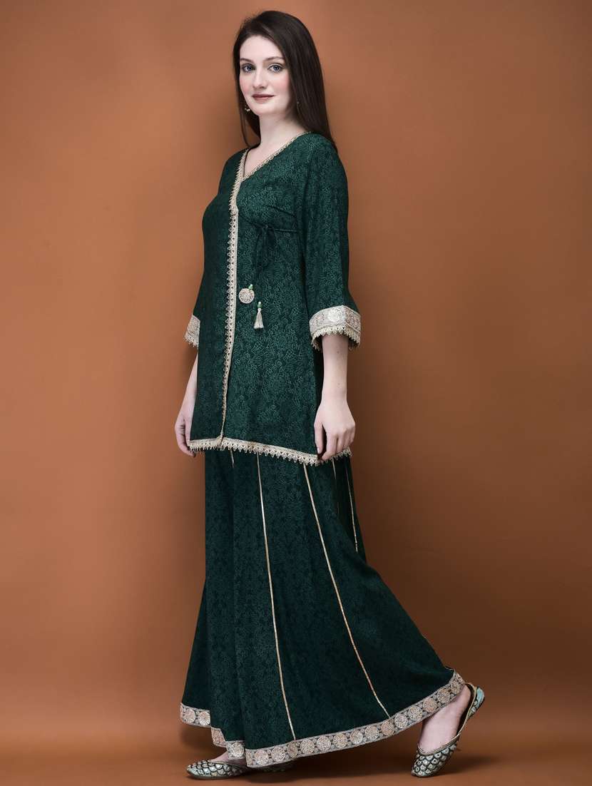 women bottle green printed kurta palazzo set - 21785500 - Standard Image - 1