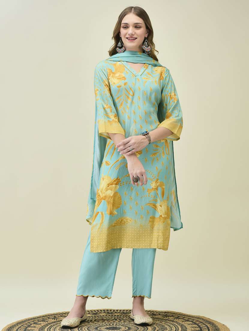 women three quarter sleeve kurta pant with dupatta set - 21785517 -  Standard Image - 1