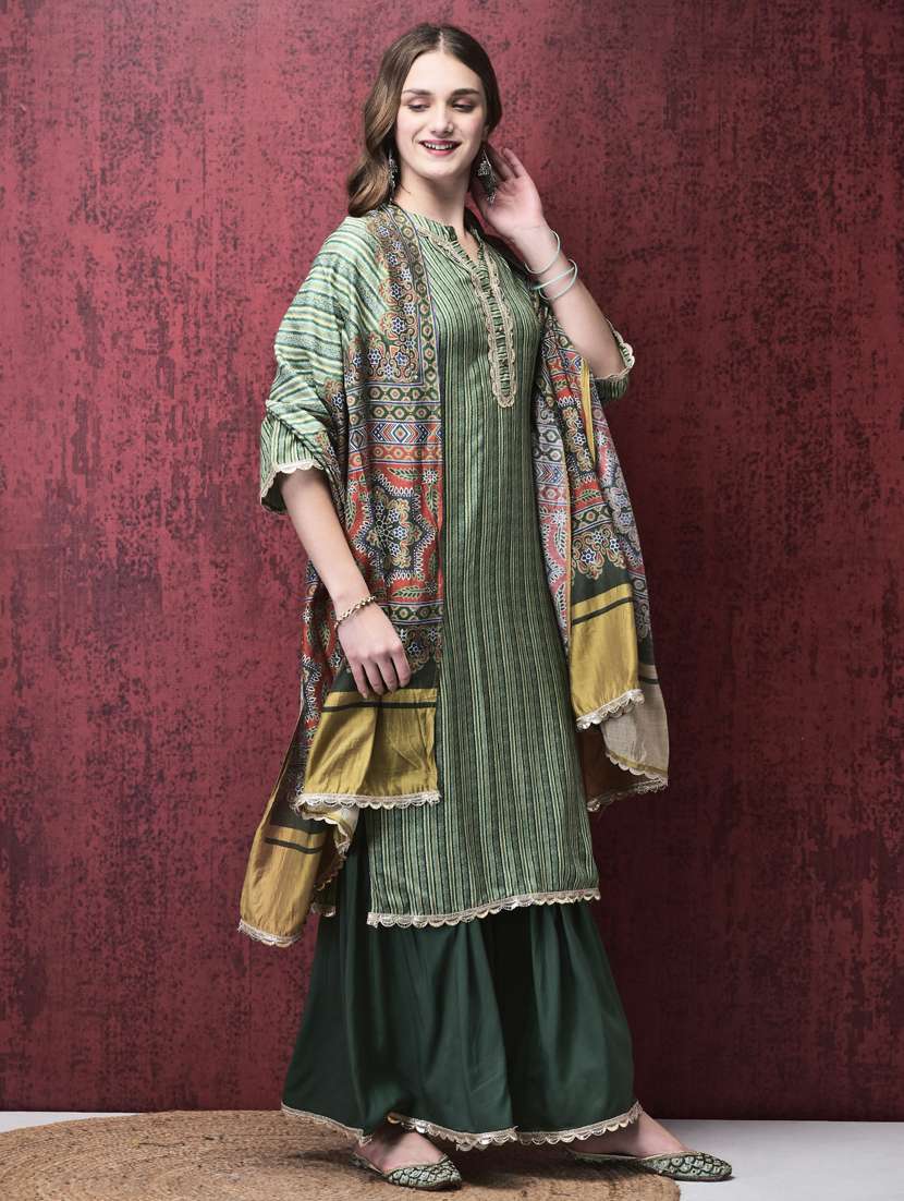women three quarter sleeve kurta sharara with dupatta set - 21785523 -  Standard Image - 1