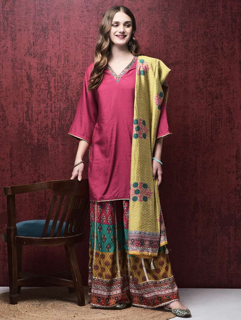 women three quarter sleeve kurta palazzo with dupatta set - 21785524 - Standard Image - 1
