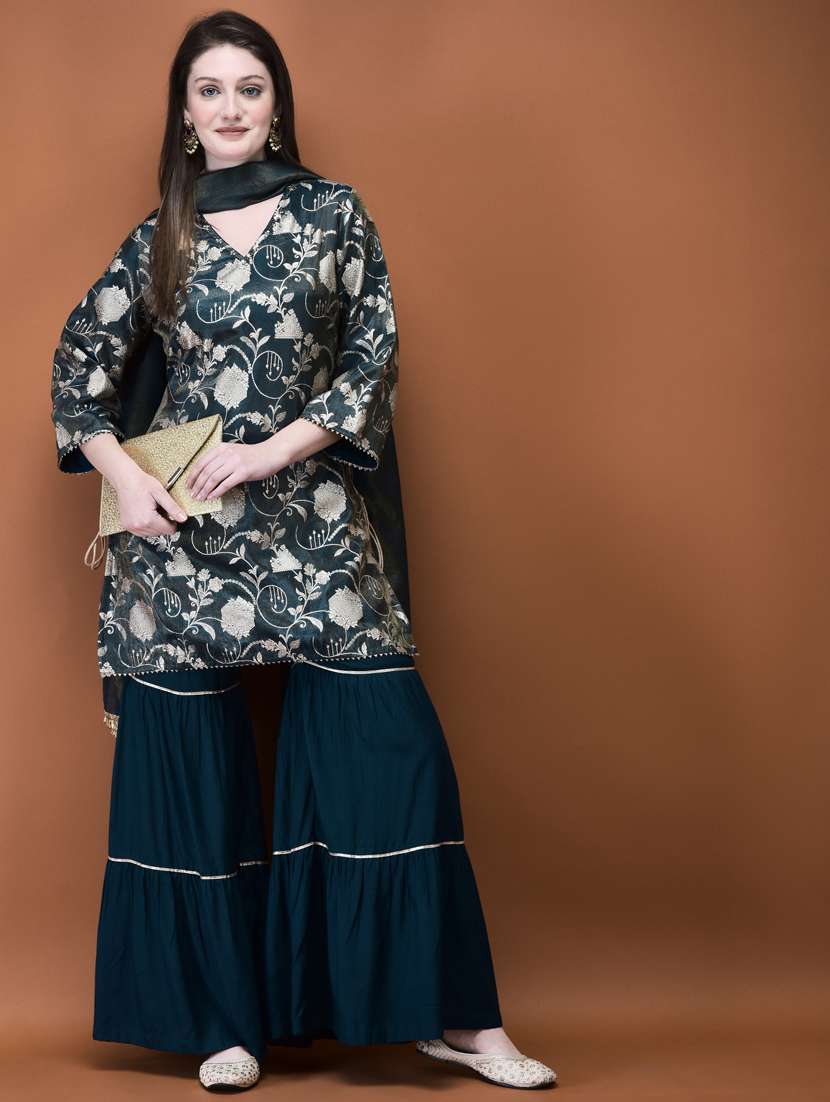 women three quarter sleeve kurta sharara with dupatta set - 21785530 -  Standard Image - 4
