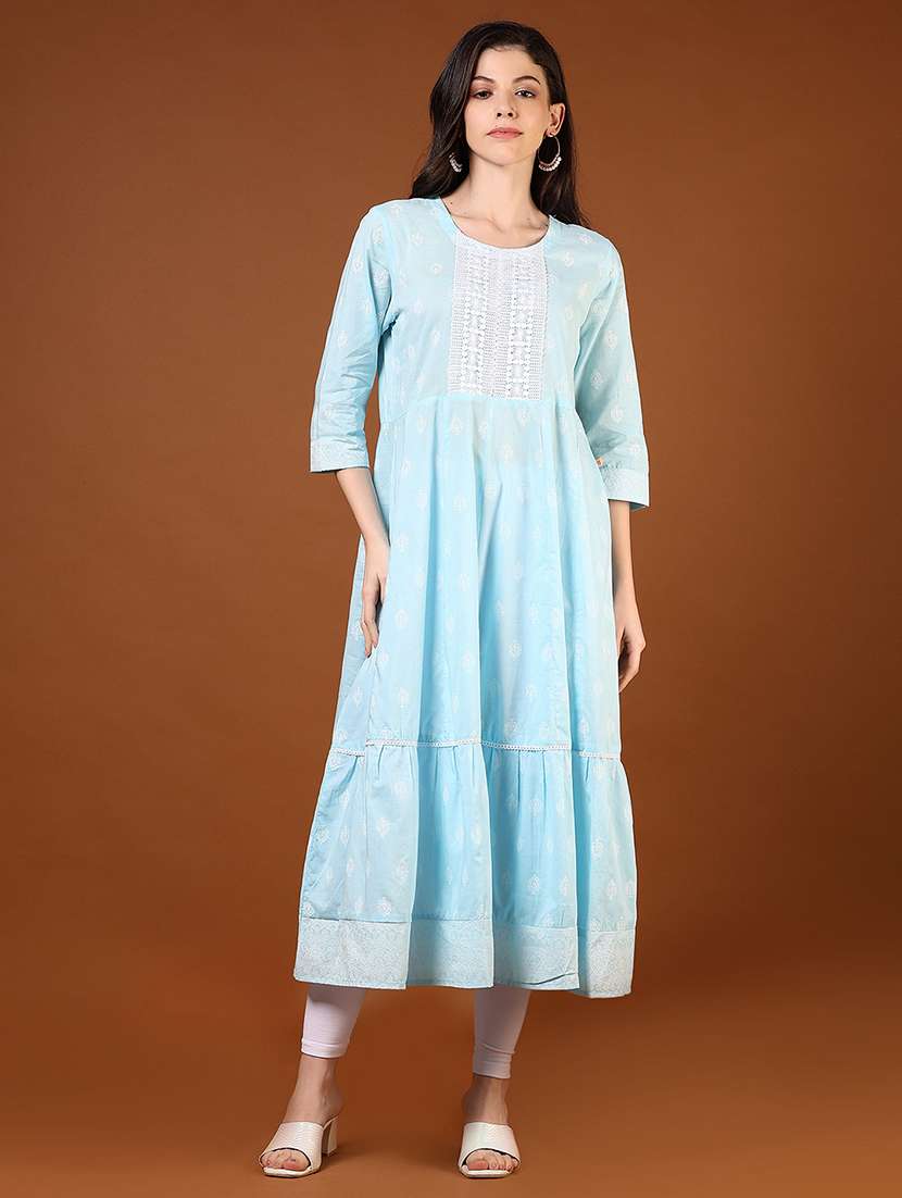 women embroidered three quarter sleeve tiered kurta - 21785552 -  Standard Image - 1
