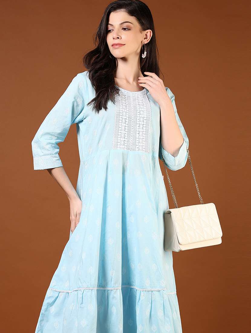 women embroidered three quarter sleeve tiered kurta - 21785552 -  Standard Image - 4