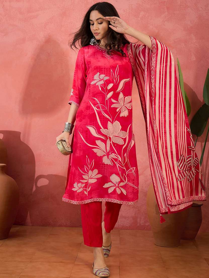 women three quarter sleeve kurta pant with dupatta set