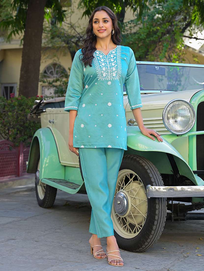 women embroidered three quarter sleeve ethnic co-ord set