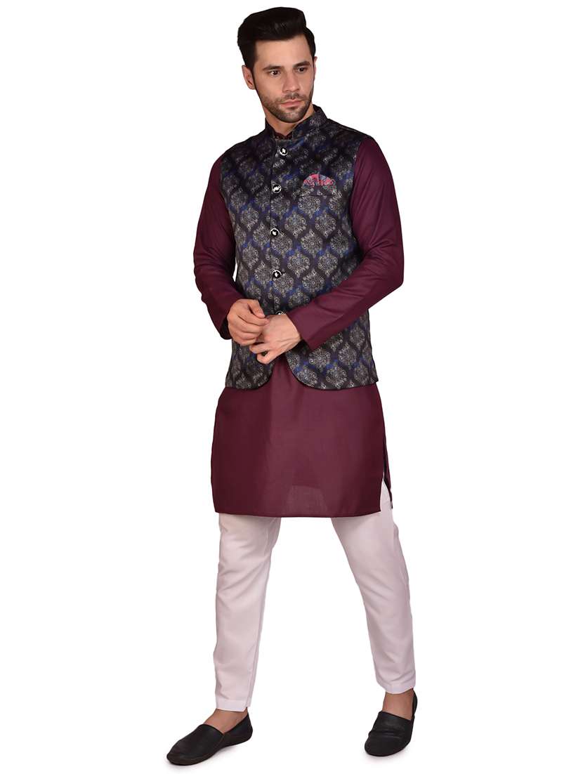 men solid mandarin neck kurta pyjama set with jacket - 21785988 -  Standard Image - 1
