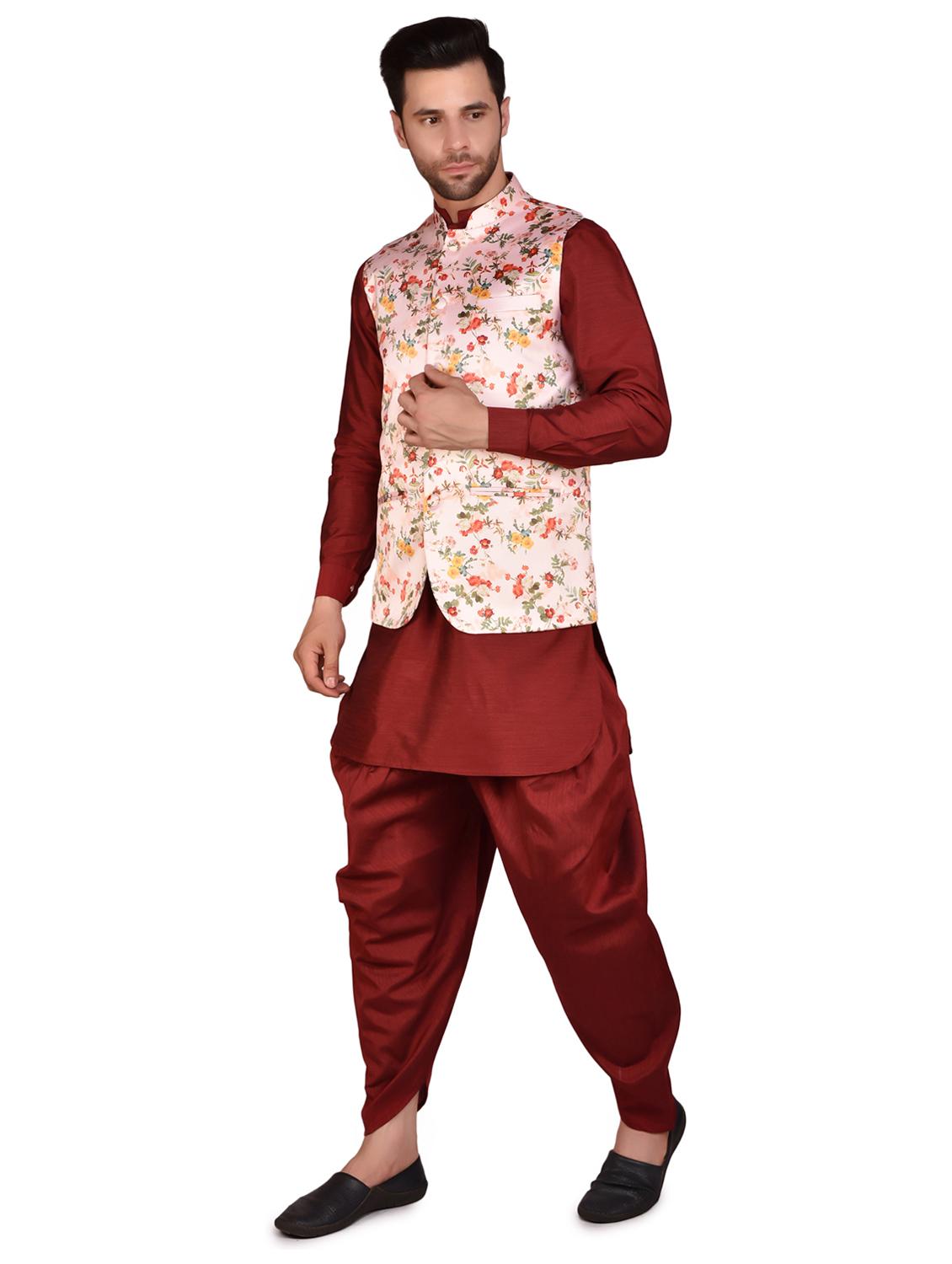 men solid mandarin neck dhoti kurta ethnic jacket set - 21786112 - Standard Image - 1