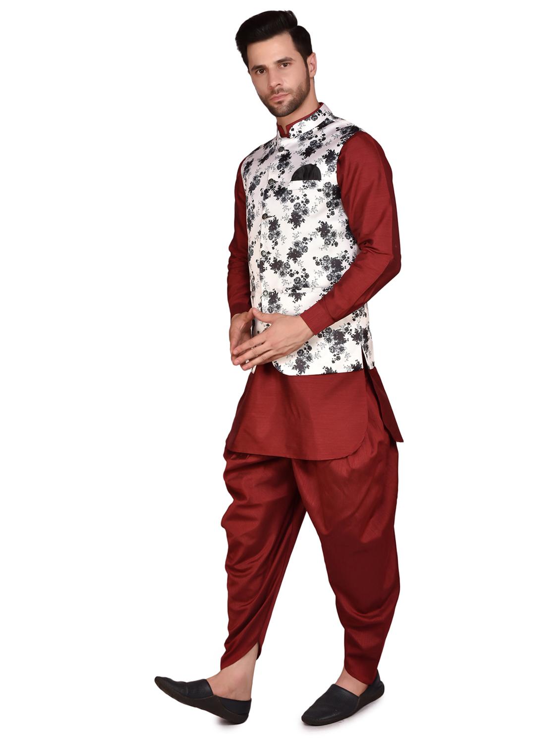 men solid mandarin neck dhoti kurta ethnic jacket set - 21786113 - Standard Image - 1