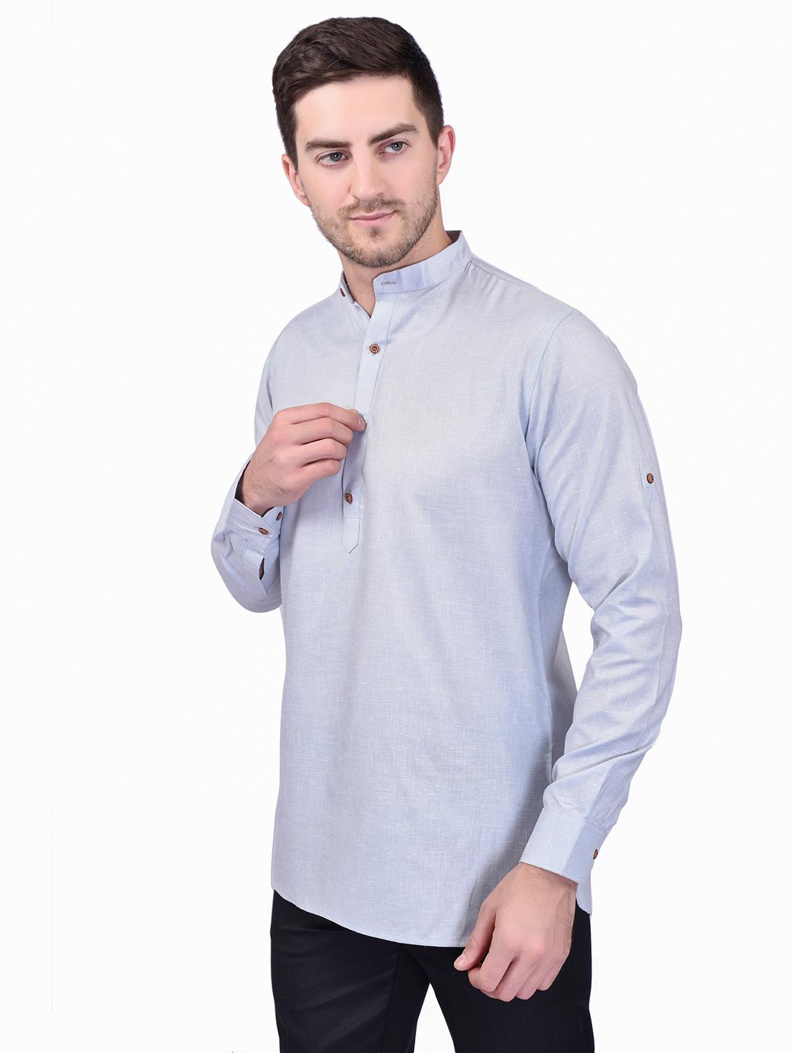 men light blue solid mandarin neck short kurta - 21786277 - Standard Image - 1