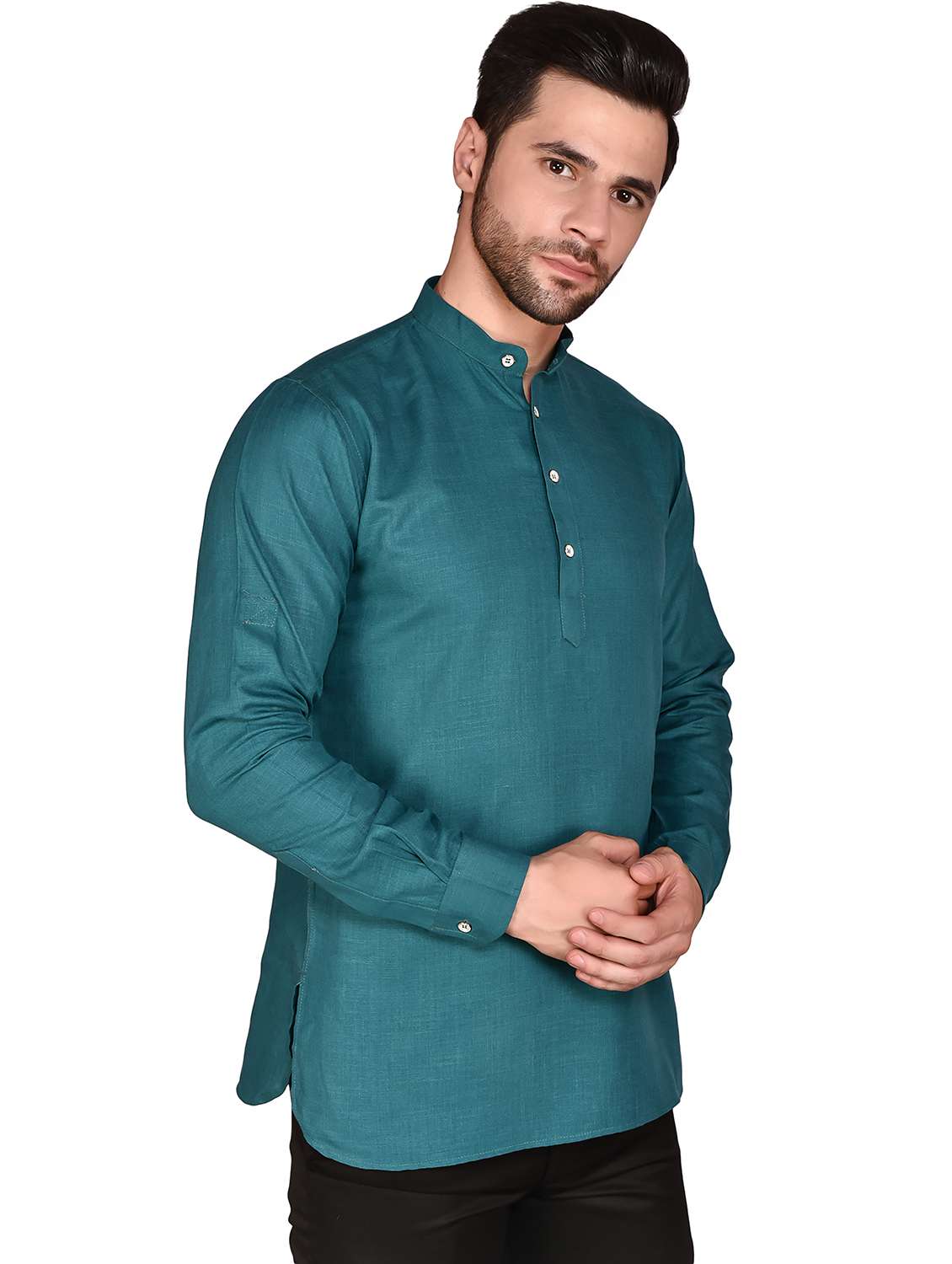 men teal solid mandarin neck short kurta - 21786279 -  Standard Image - 1