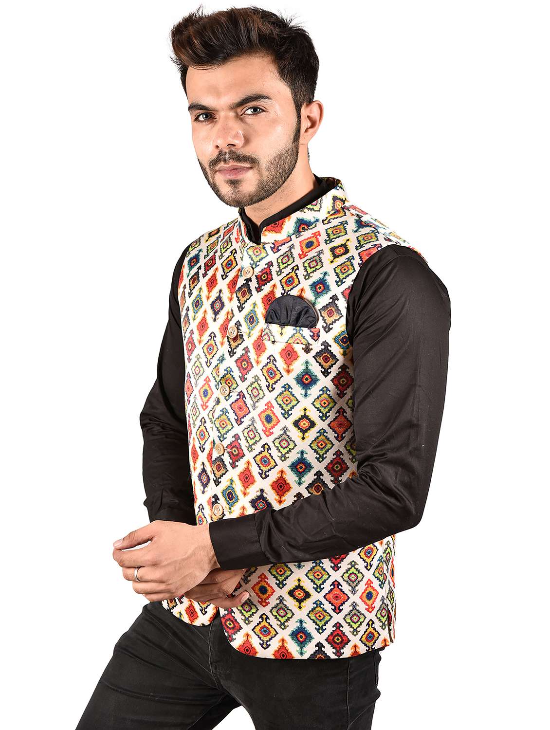 men printed mandarin neck nehru jacket - 21786297 -  Standard Image - 1