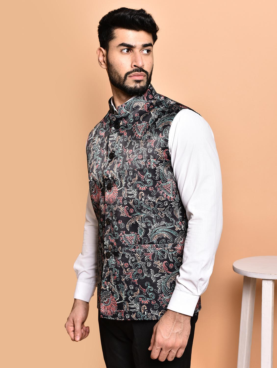 men printed mandarin neck nehru jacket - 21786303 -  Standard Image - 1