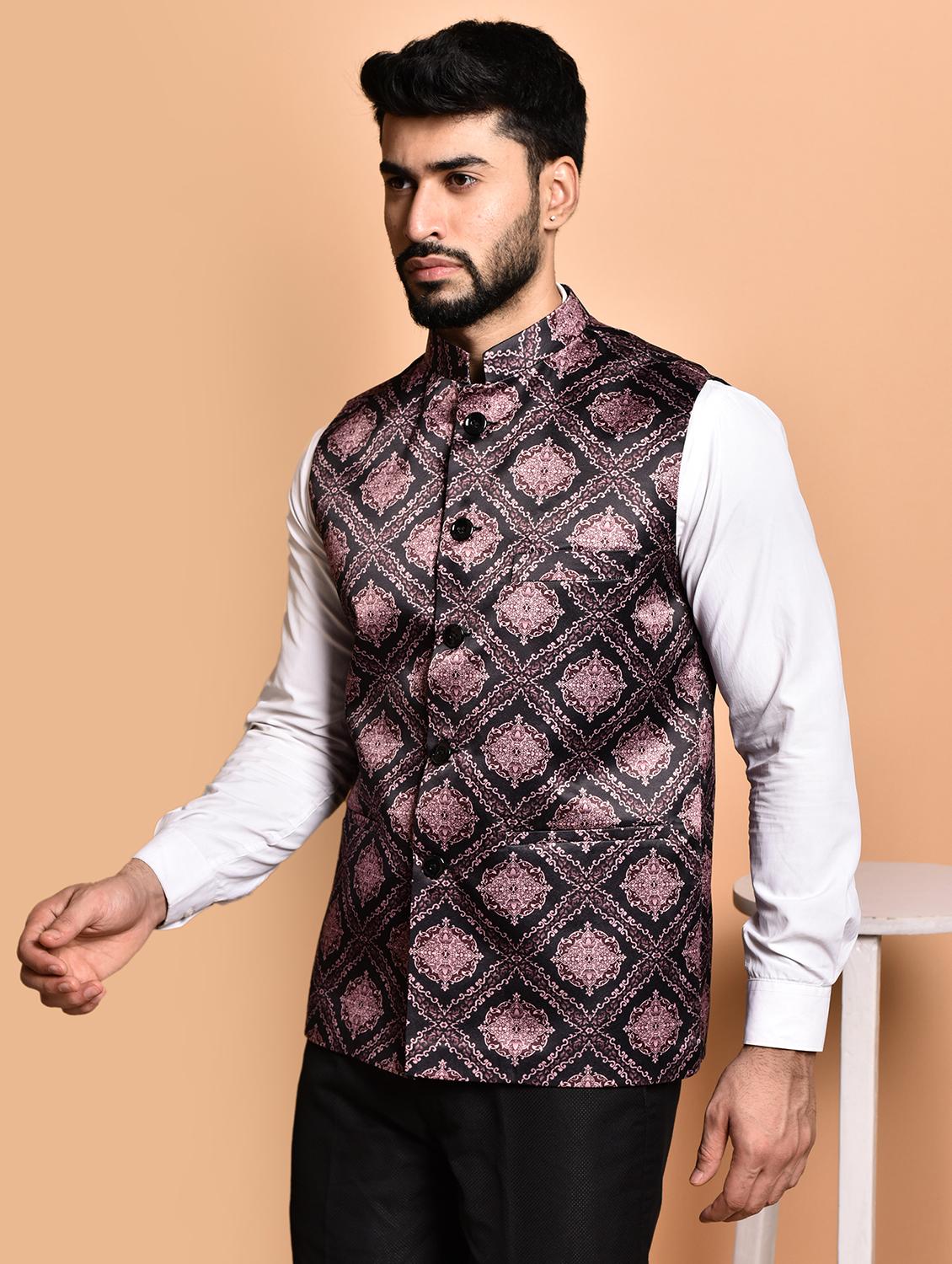 men printed mandarin neck nehru jacket - 21786306 - Standard Image - 1
