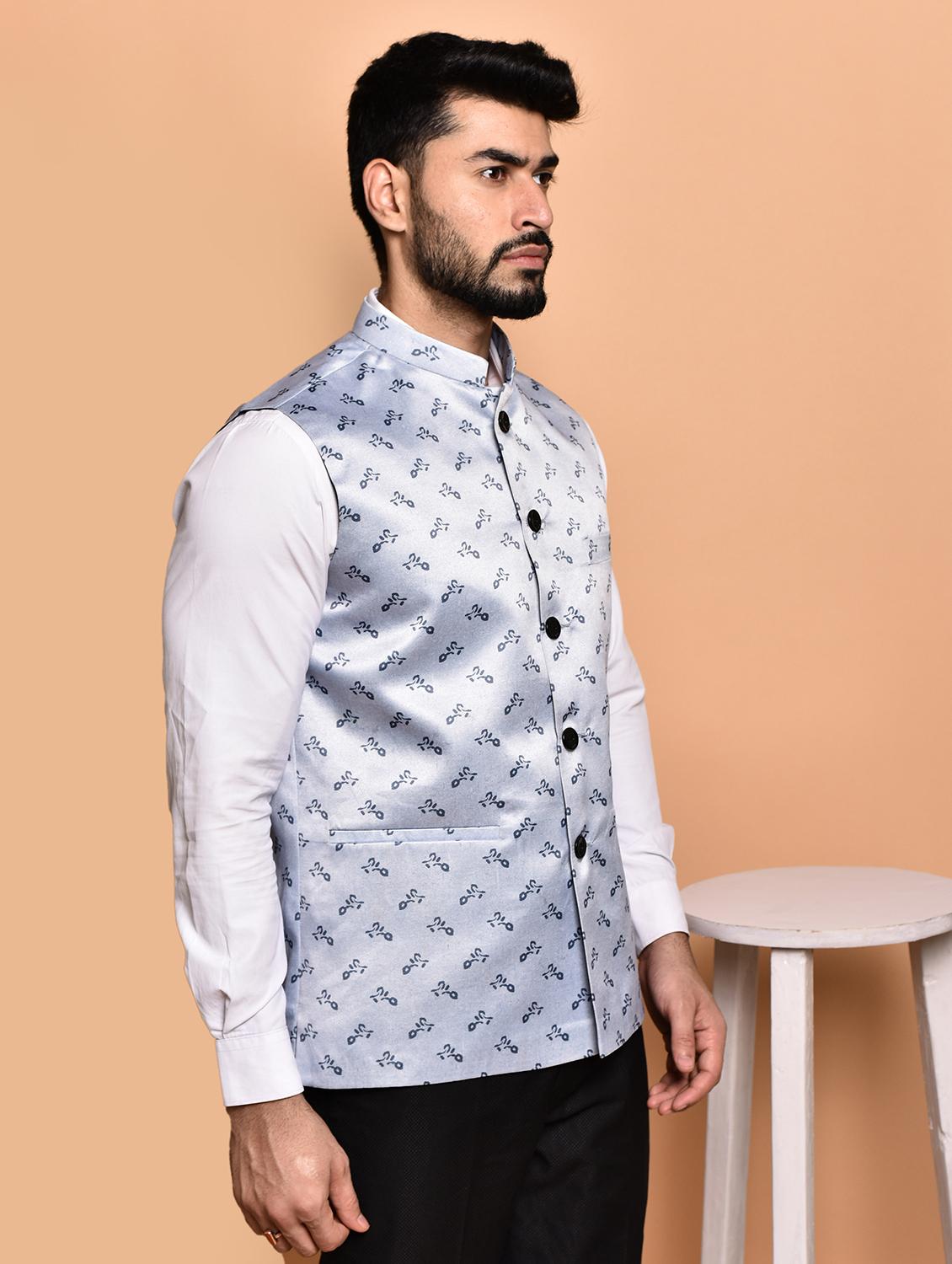 men printed mandarin neck nehru jacket - 21786307 - Standard Image - 1