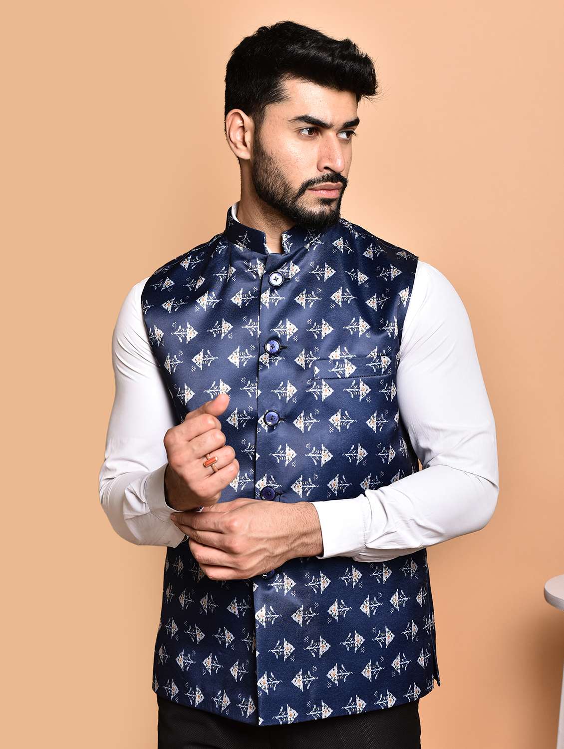 men printed mandarin neck nehru jacket - 21786312 -  Standard Image - 1