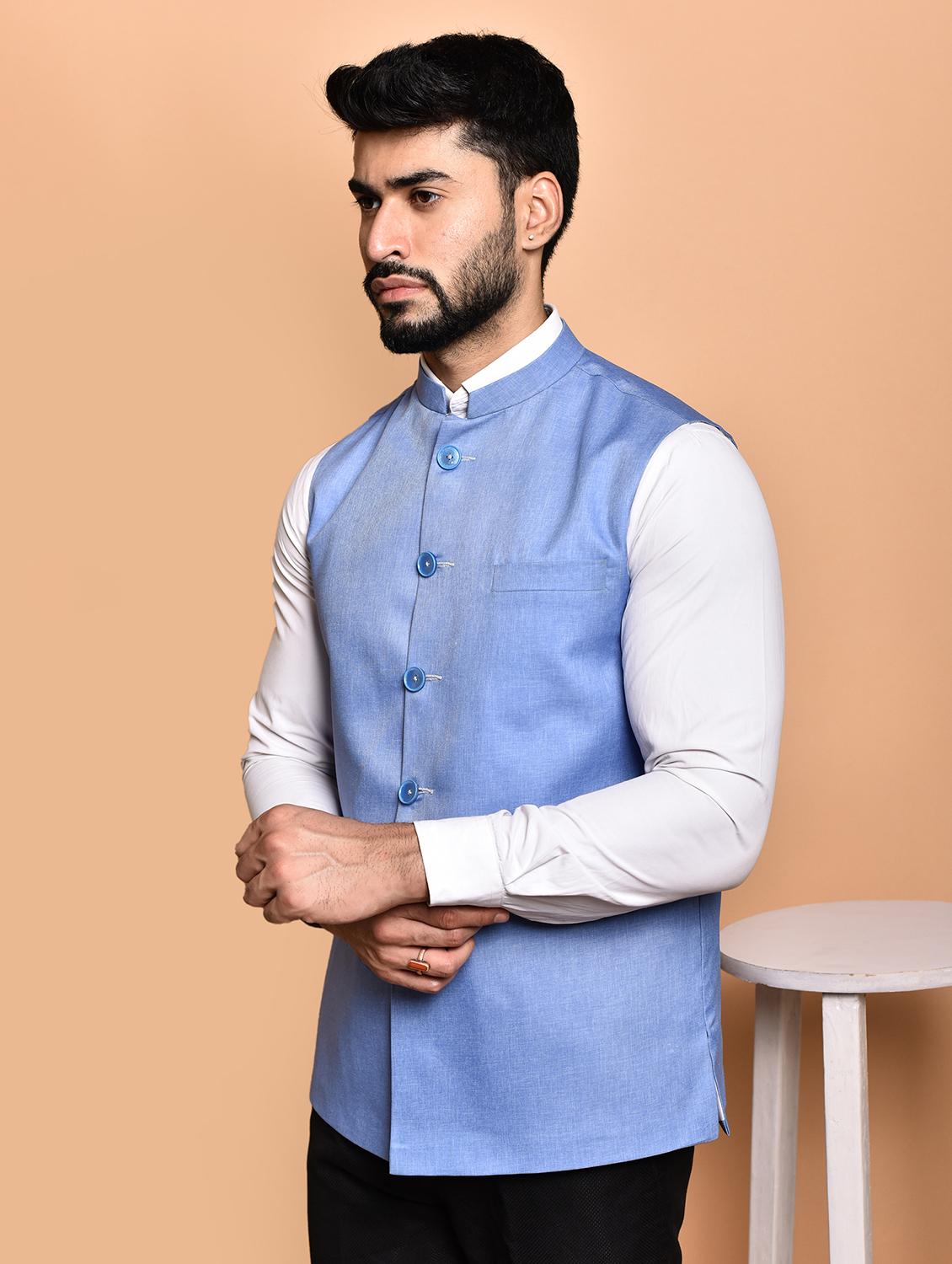 men solid mandarin neck regular fit nehru jacket - 21786315 - Standard Image - 1