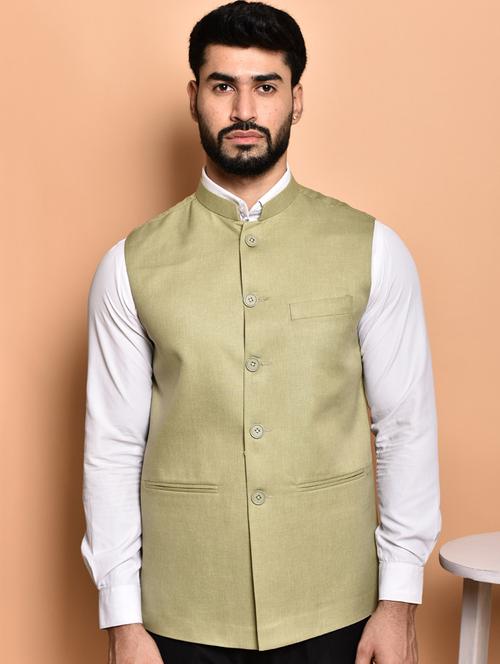 men solid mandarin neck regular fit nehru jacket - 21786316 - Standard Image - 0