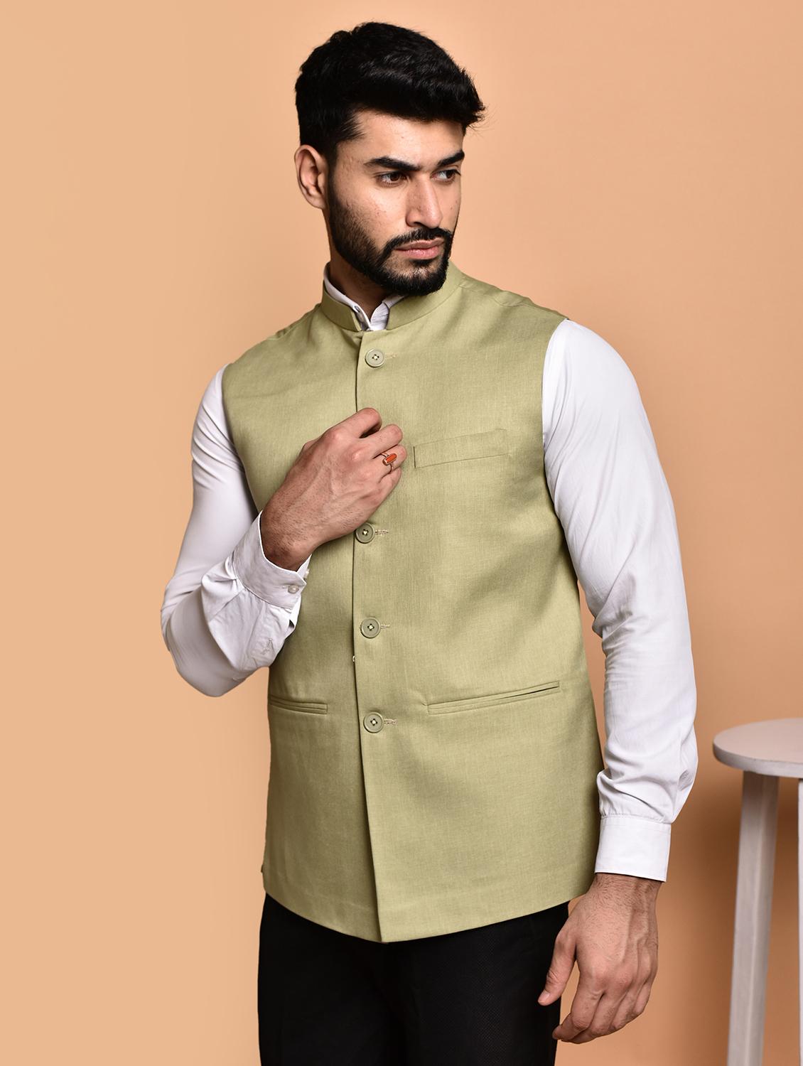 men solid mandarin neck regular fit nehru jacket - 21786316 - Standard Image - 1