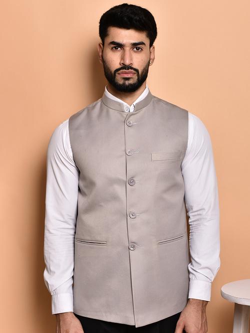 men solid mandarin neck regular fit nehru jacket - 21786319 - Standard Image - 0