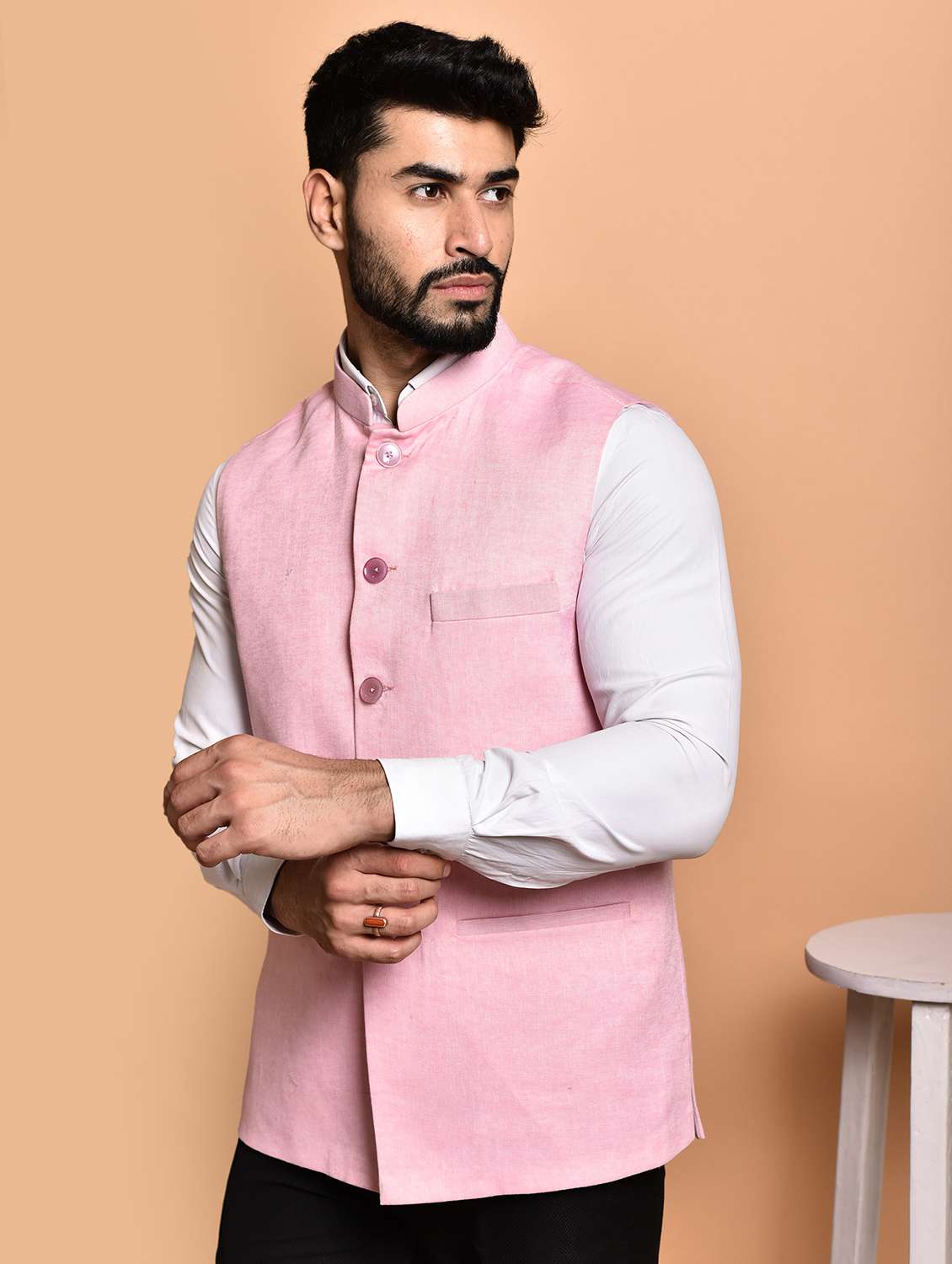 men solid mandarin neck regular fit nehru jacket - 21786324 - Standard Image - 1