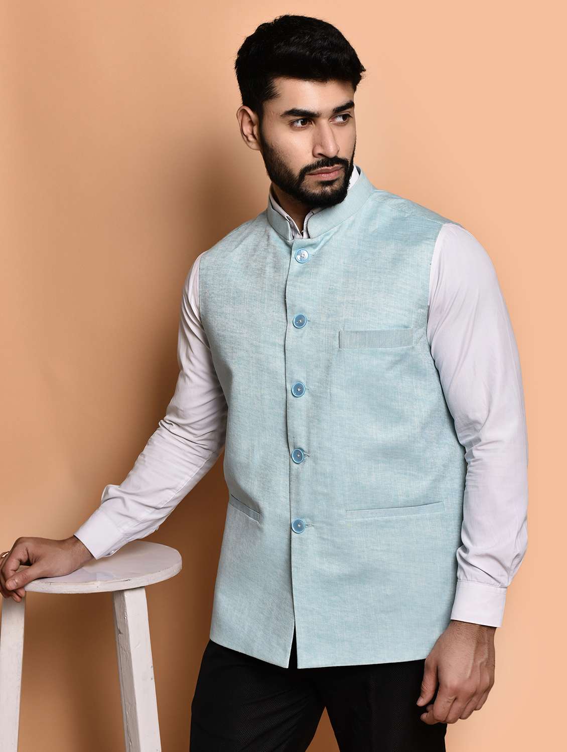 men solid mandarin neck regular fit nehru jacket - 21786329 -  Standard Image - 1