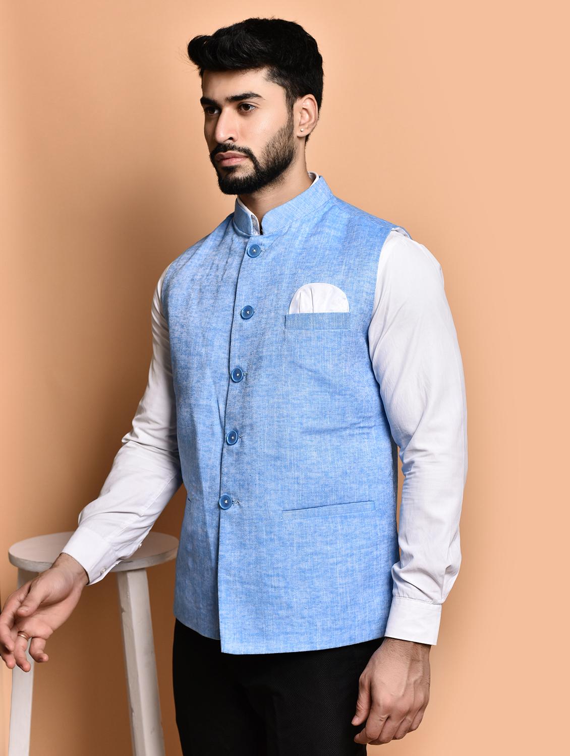 men solid mandarin neck regular fit nehru jacket - 21786334 - Standard Image - 1