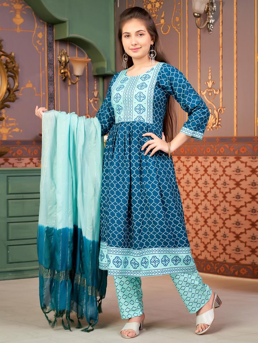 girls three quarter sleeve kurta pant with dupatta set - 21786434 -  Standard Image - 1