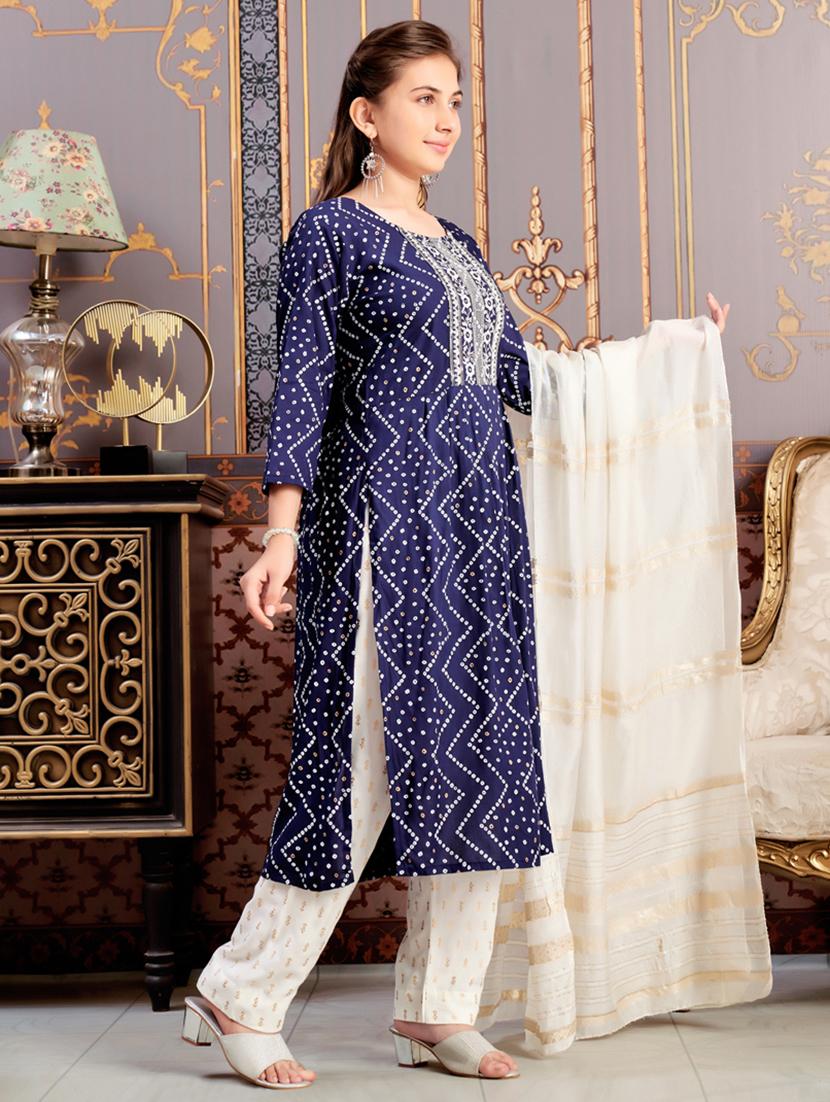 girls three quarter sleeve kurta pant with dupatta set - 21786441 -  Standard Image - 1