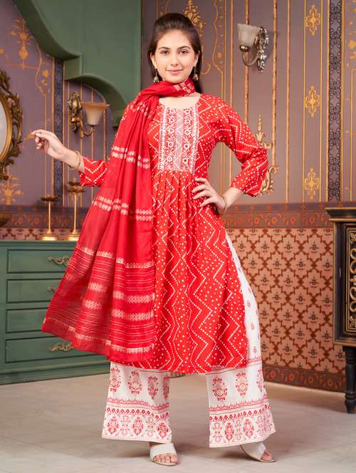 girls three quarter sleeve kurta palazzo with dupatta set - 21786442 -  Standard Image - 0