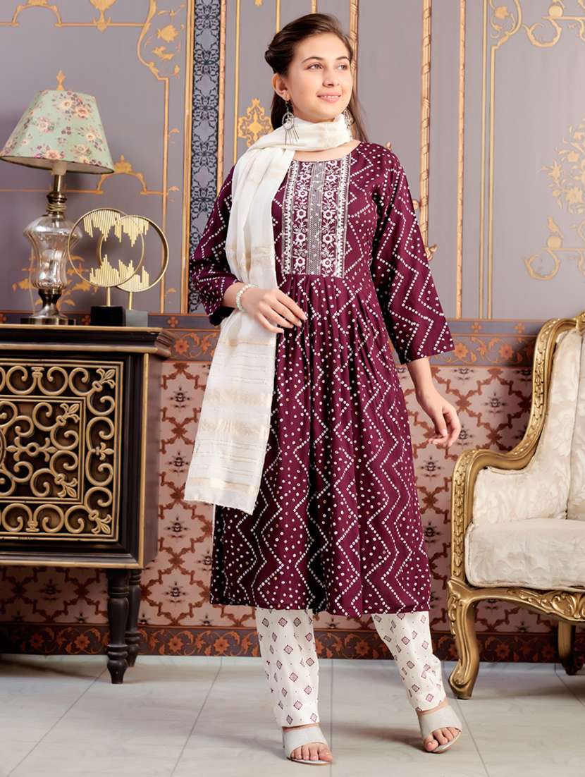 girls three quarter sleeve kurta pant with dupatta set - 21786443 - Standard Image - 1