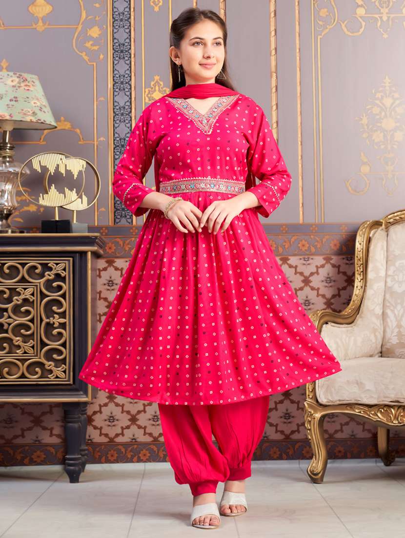 girls three quarter sleeve kurta salwar with dupatta set - 21786445 -  Zoom Image - 0