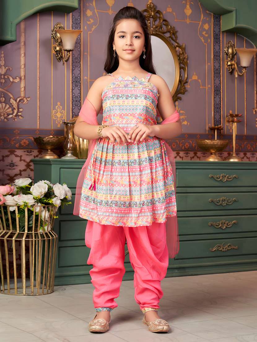 girls printed kurta and dhoti with dupatta  