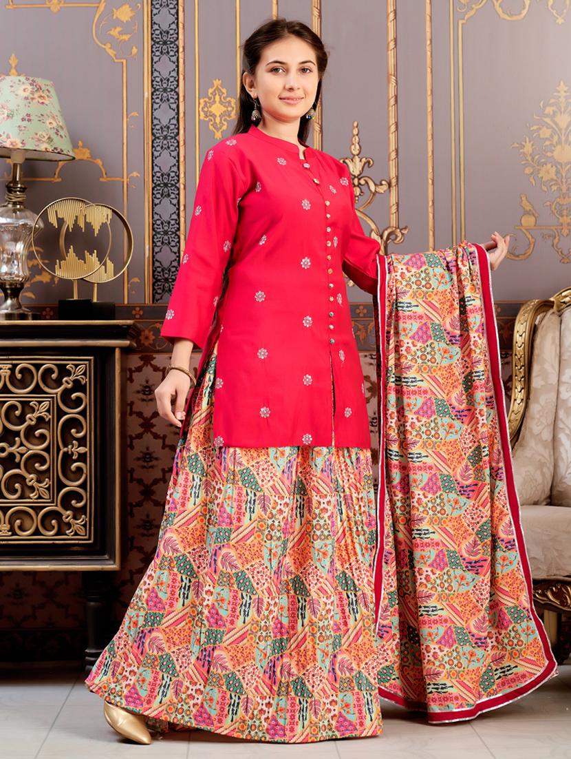 girls pink three quarter sleeve kurta skirt set - 21786532 - Standard Image - 1