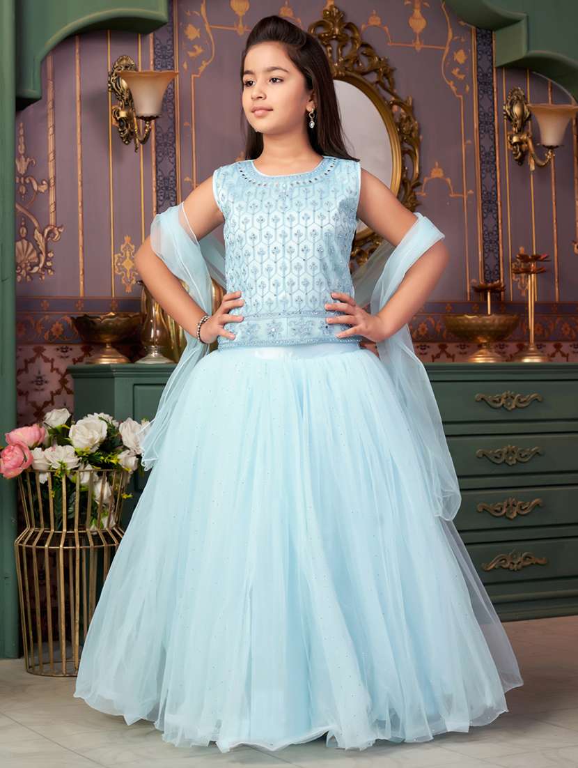 girls solid with work sleeveless lehenga choli set