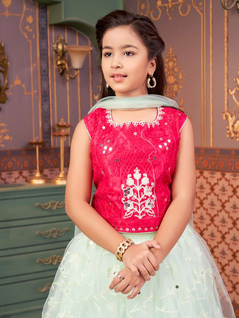 girls solid with work sleeveless lehenga choli set - 21786542 -  Standard Image - 4