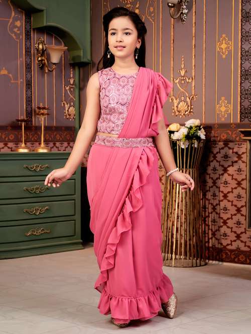 girls solid ready wear saree with embellished blouse - 21786552 -  Standard Image - 0
