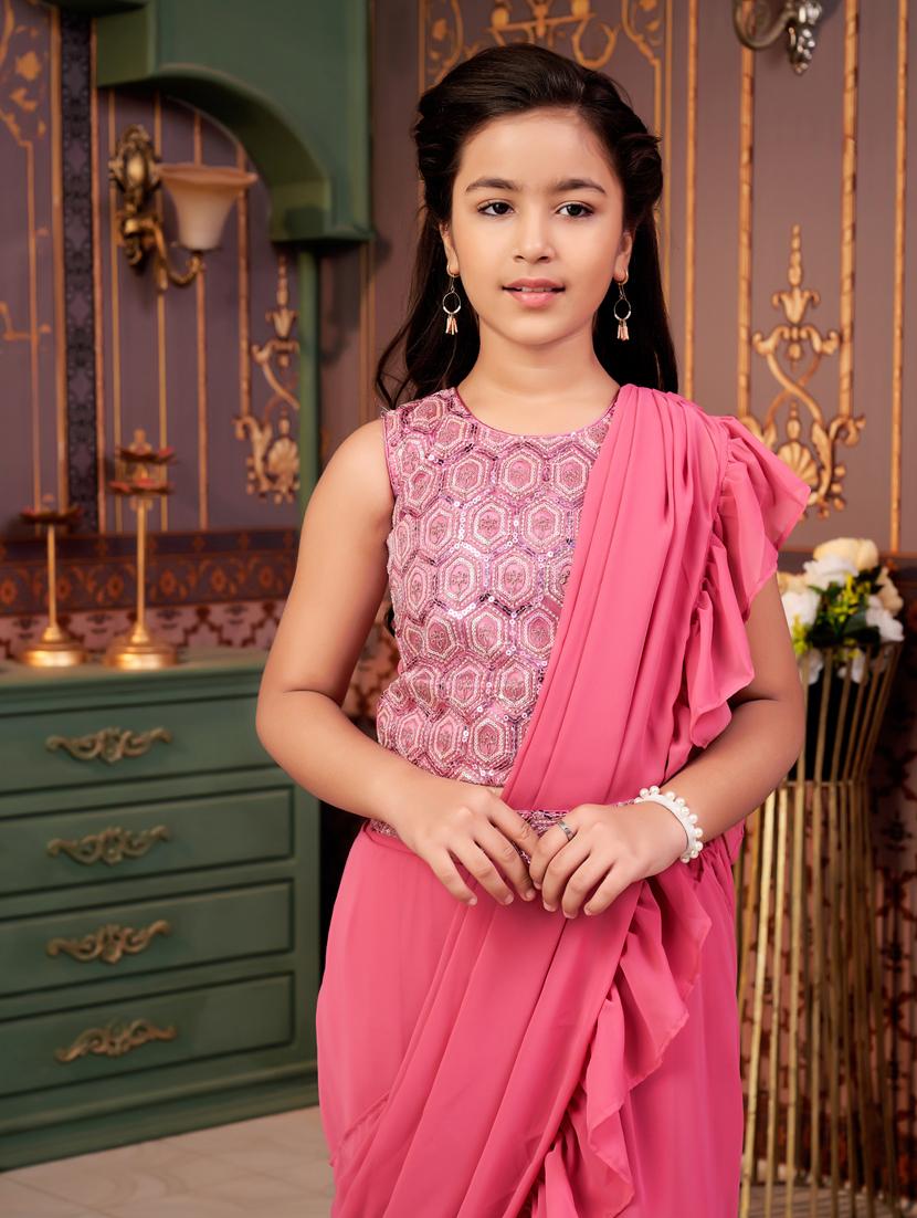 girls solid ready wear saree with embellished blouse - 21786552 - Standard Image - 4